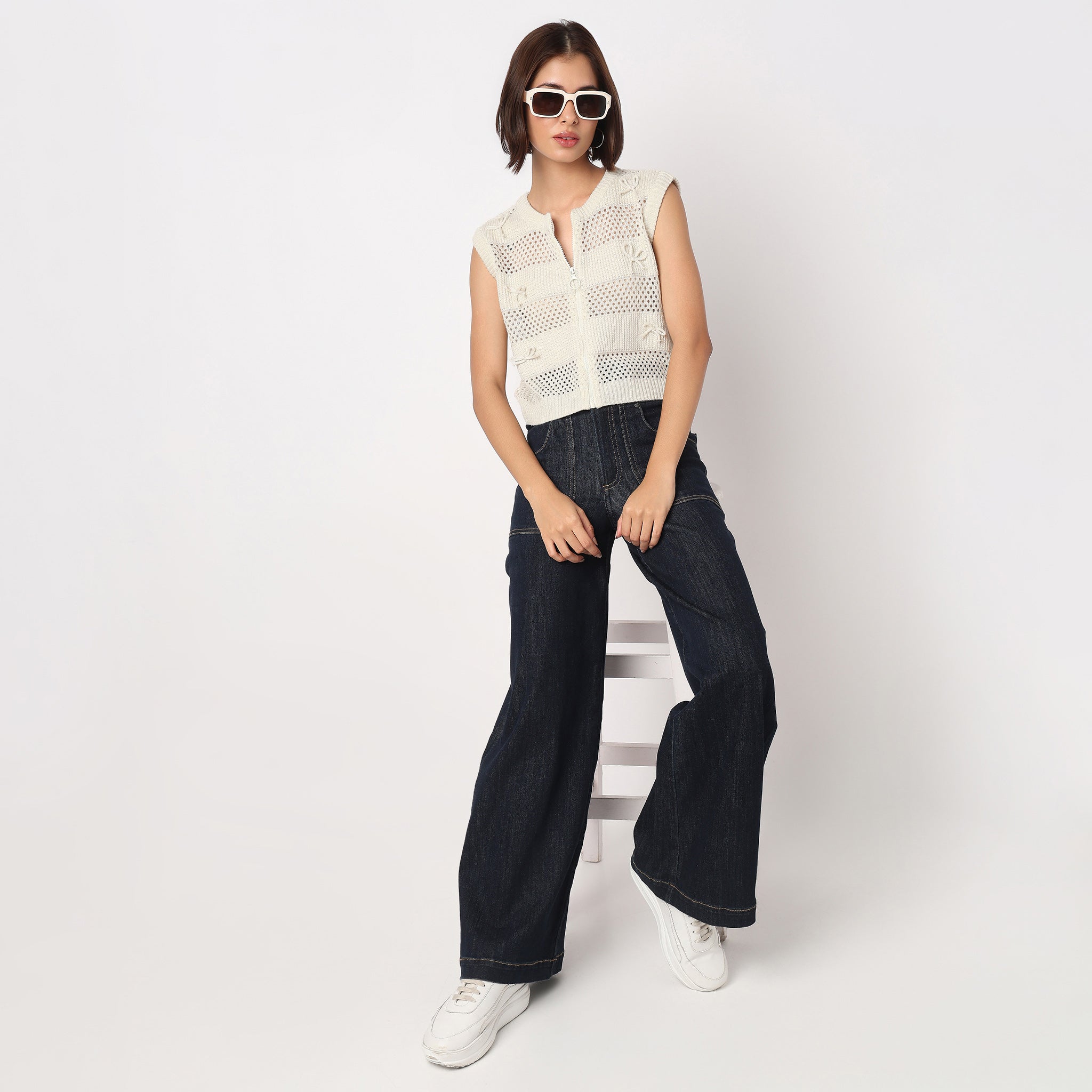 Flat Knit Top With Front Zipper and 3D Bows Details