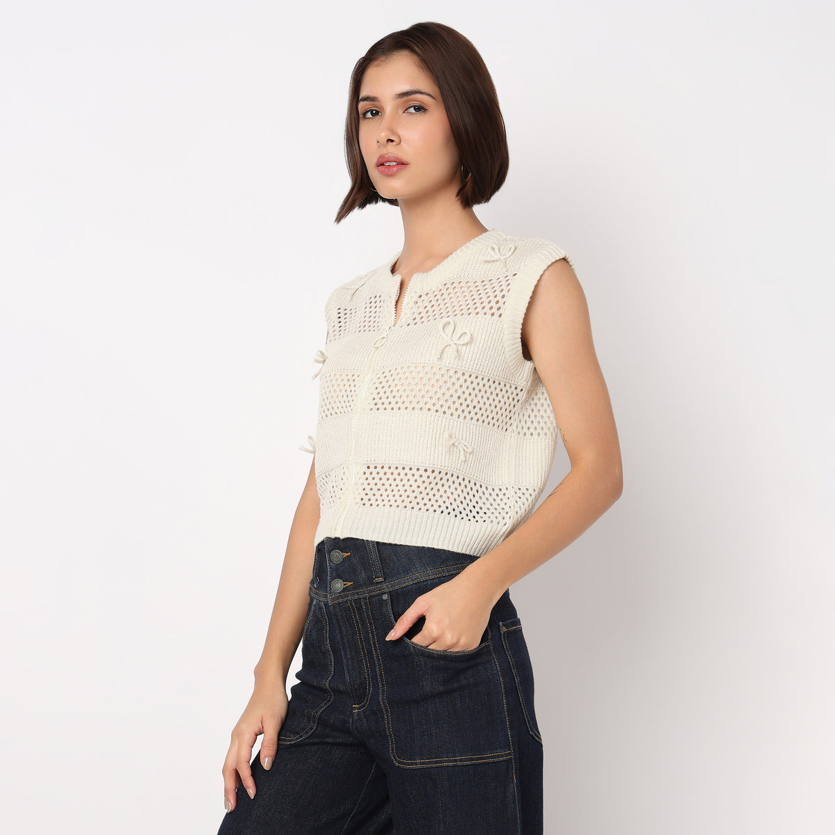 Flat Knit Top With Front Zipper and 3D Bows Details