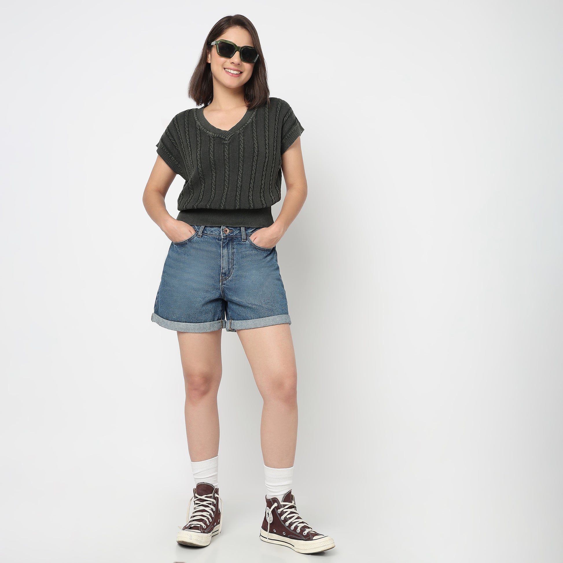 V-Neck Cotton Flatknit Top