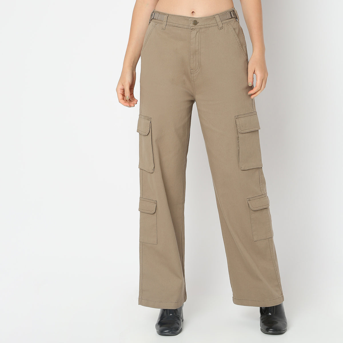 Regular Fit Solid High Rise Cargos