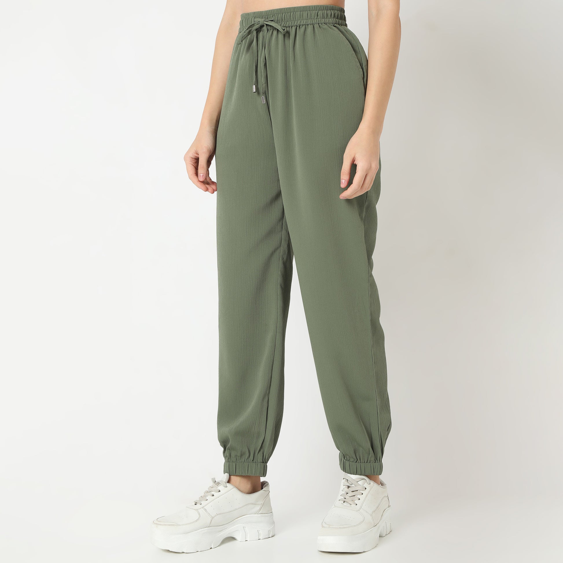 Regular Fit Solid Full Length High Rise Pants