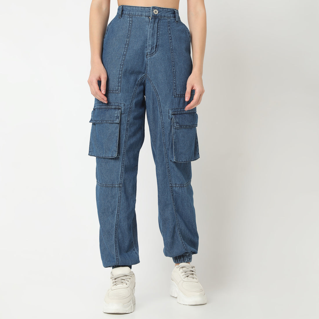 Relaxed Fit Solid Full Length High Rise Pants