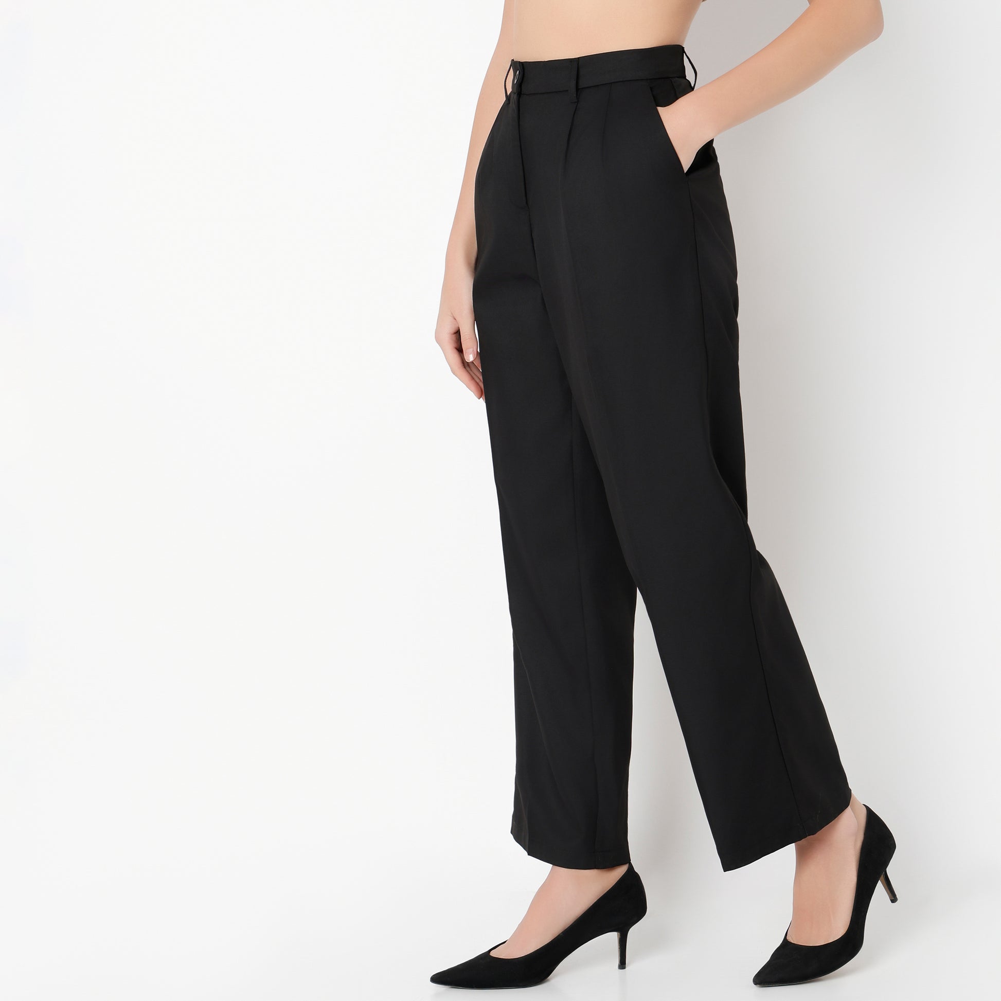 Relaxed Fit Solid Ankle Length High Rise Pants