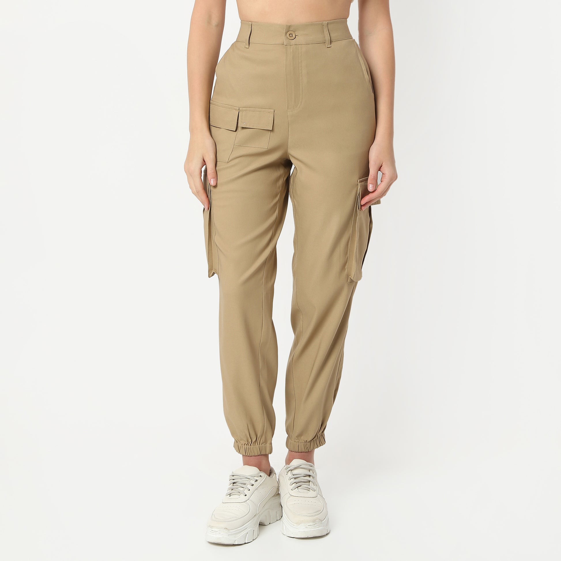 Regular Fit Solid Ankle Length High Rise Cargo Pants