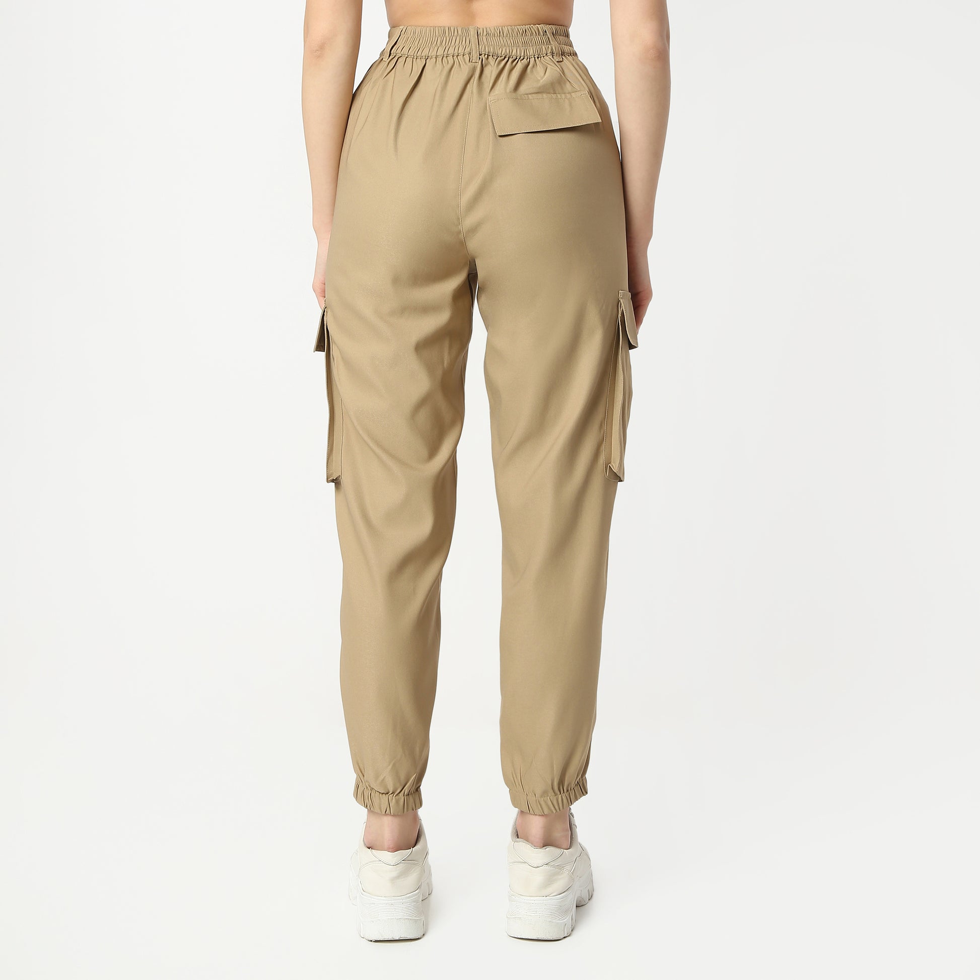 Regular Fit Solid Ankle Length High Rise Cargo Pants