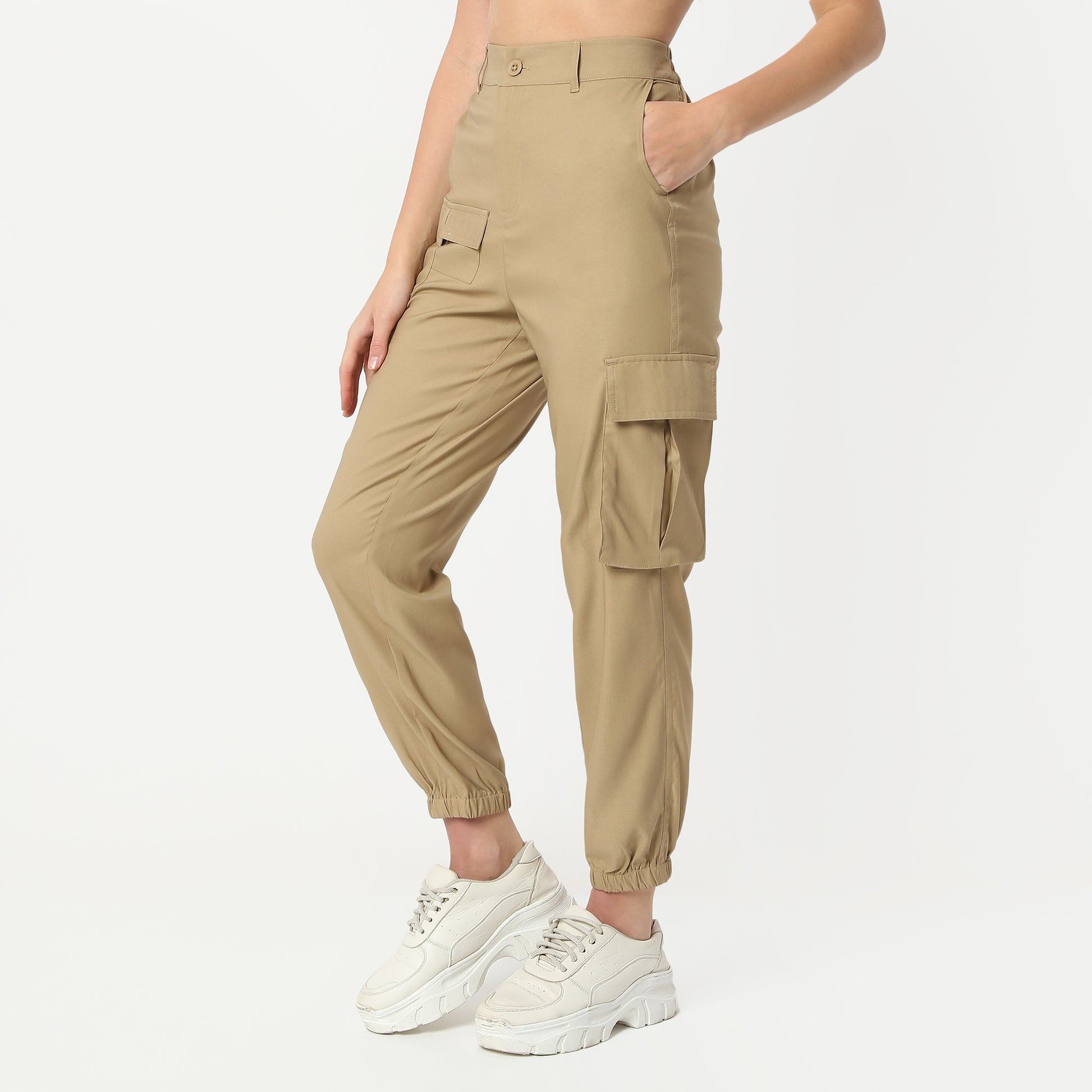 Regular Fit Solid Ankle Length High Rise Cargo Pants