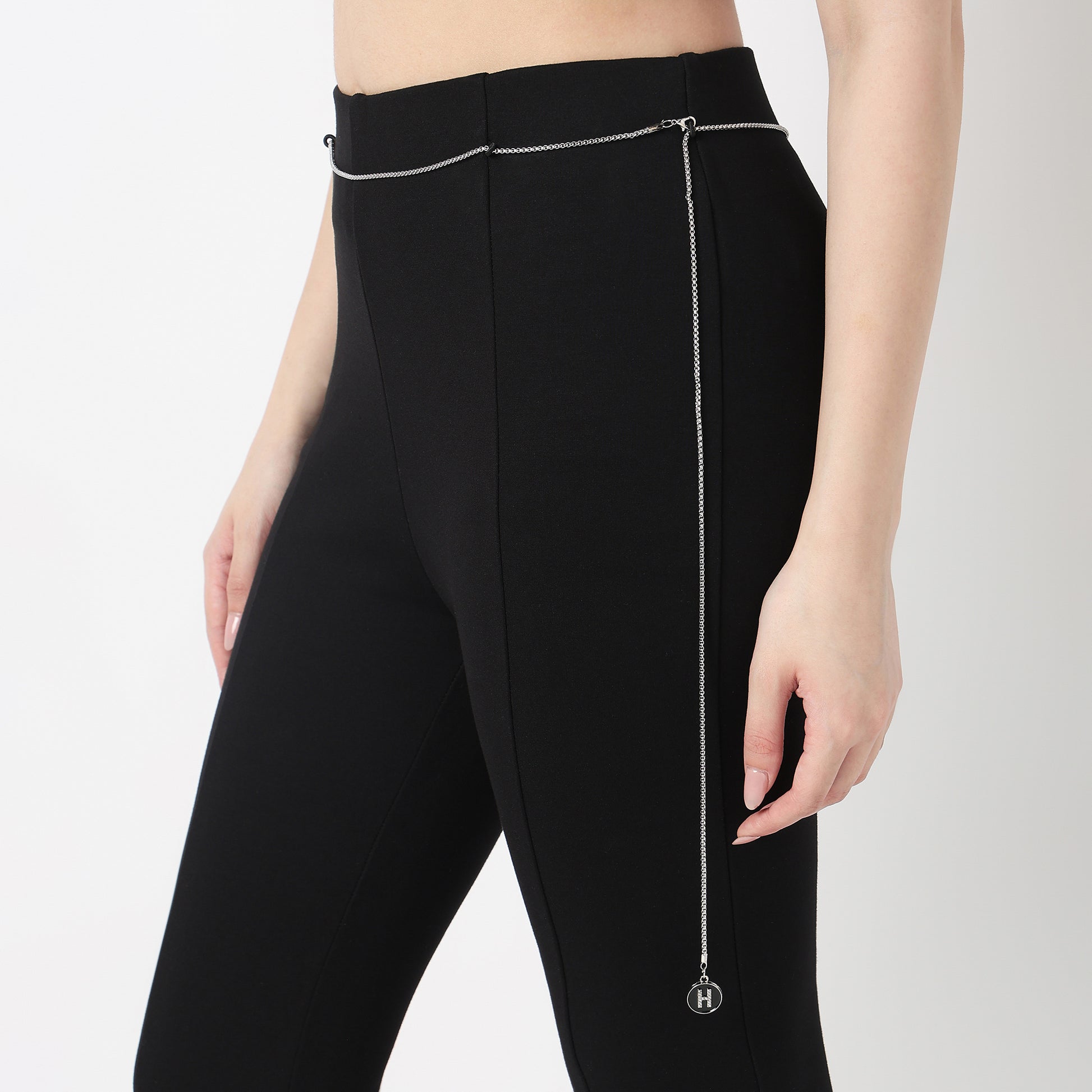 Silver Metail Chain On Waist And Centre Slit At Hem Detail Pant