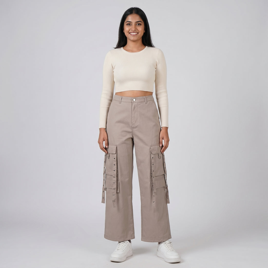 Cotton High Rise Pants With Strap Details on Pocket