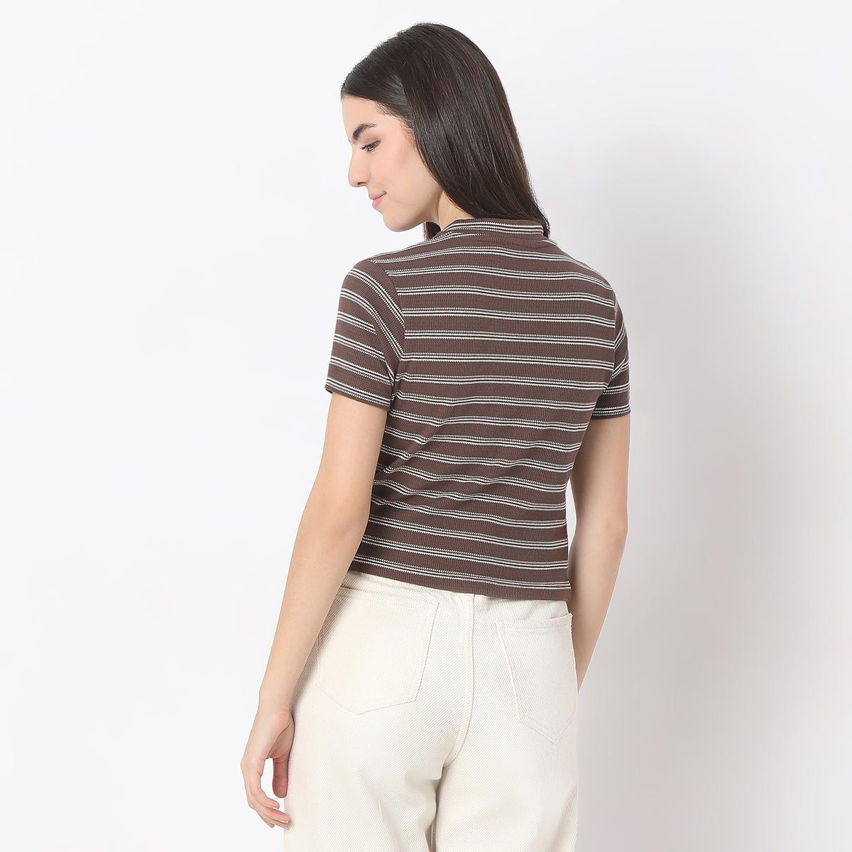 Striped Mock Neck with Zipper Crop T-Shirt