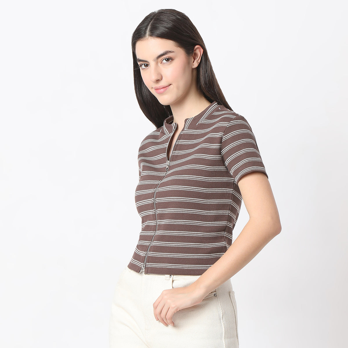 Striped Mock Neck with Zipper Crop T-Shirt