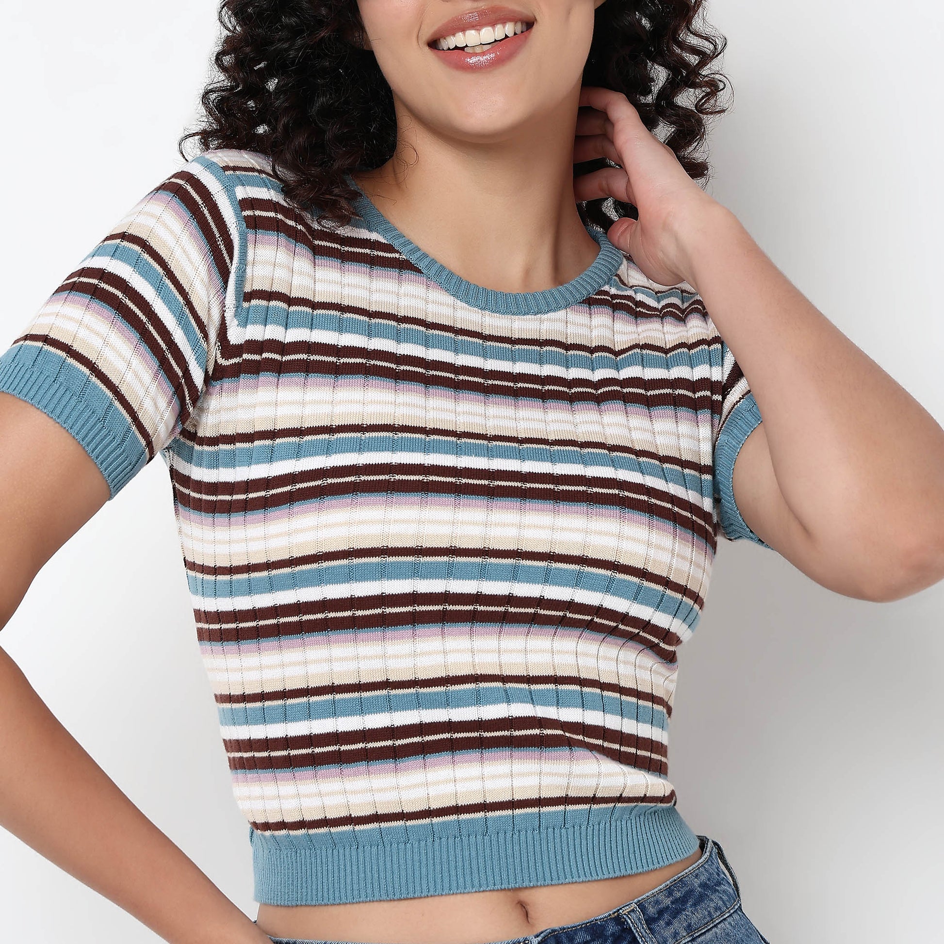 Knitted Striped Slim Crop T-Shirt