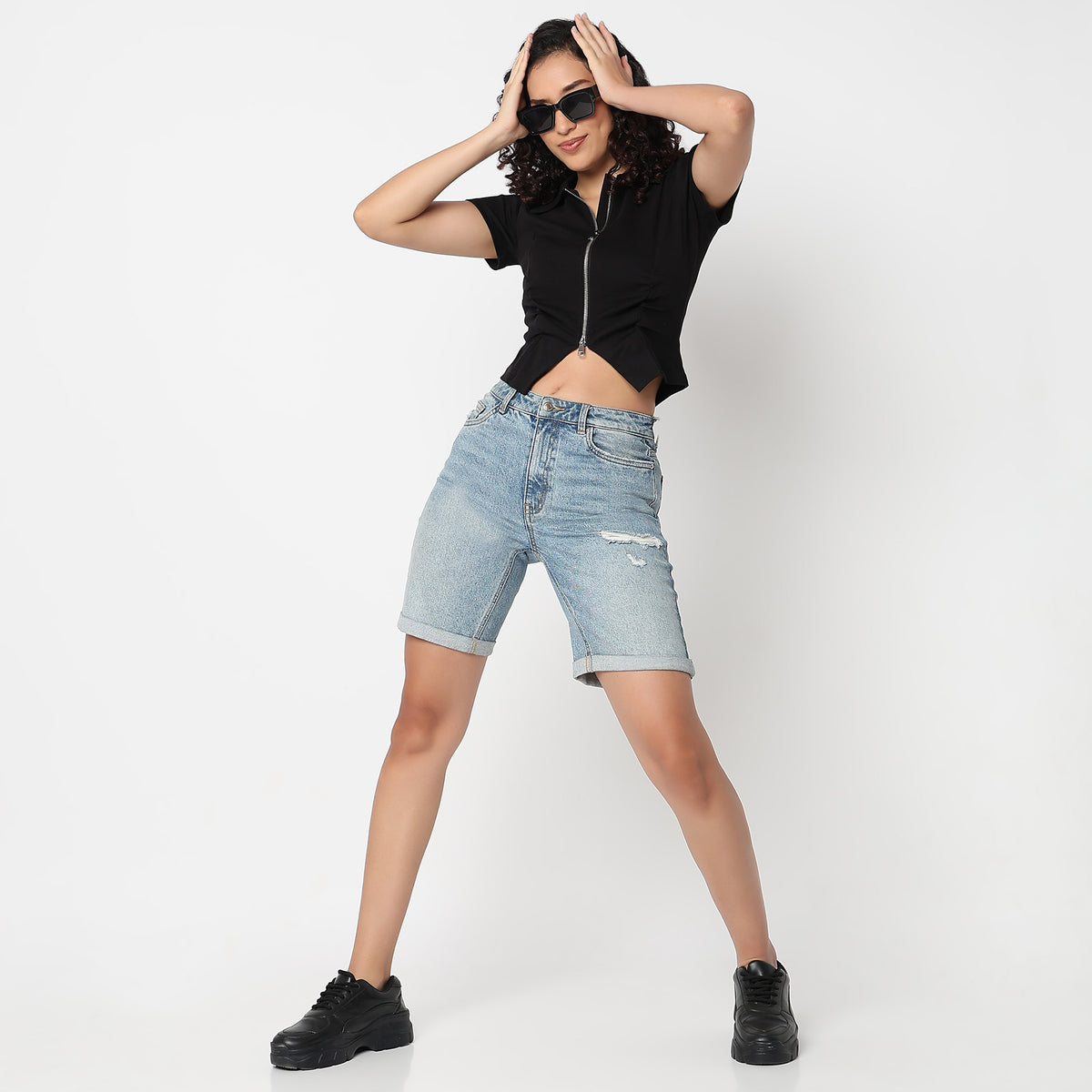 Betty Fashion Tee with Front Ruching Detail and Front Two-Way Zipper Opening