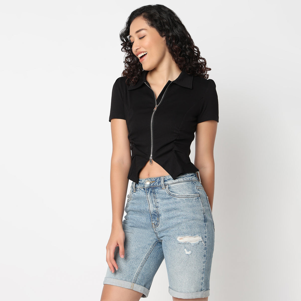 Betty Fashion Tee with Front Ruching Detail and Front Two-Way Zipper Opening