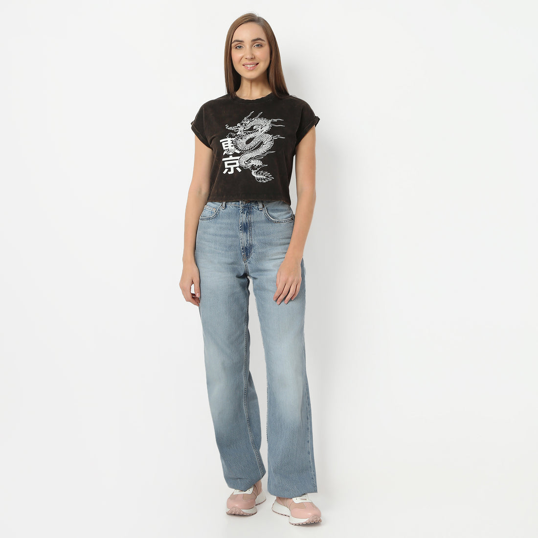 Regular Fit Graphic Round Neck Cropped T-Shirt