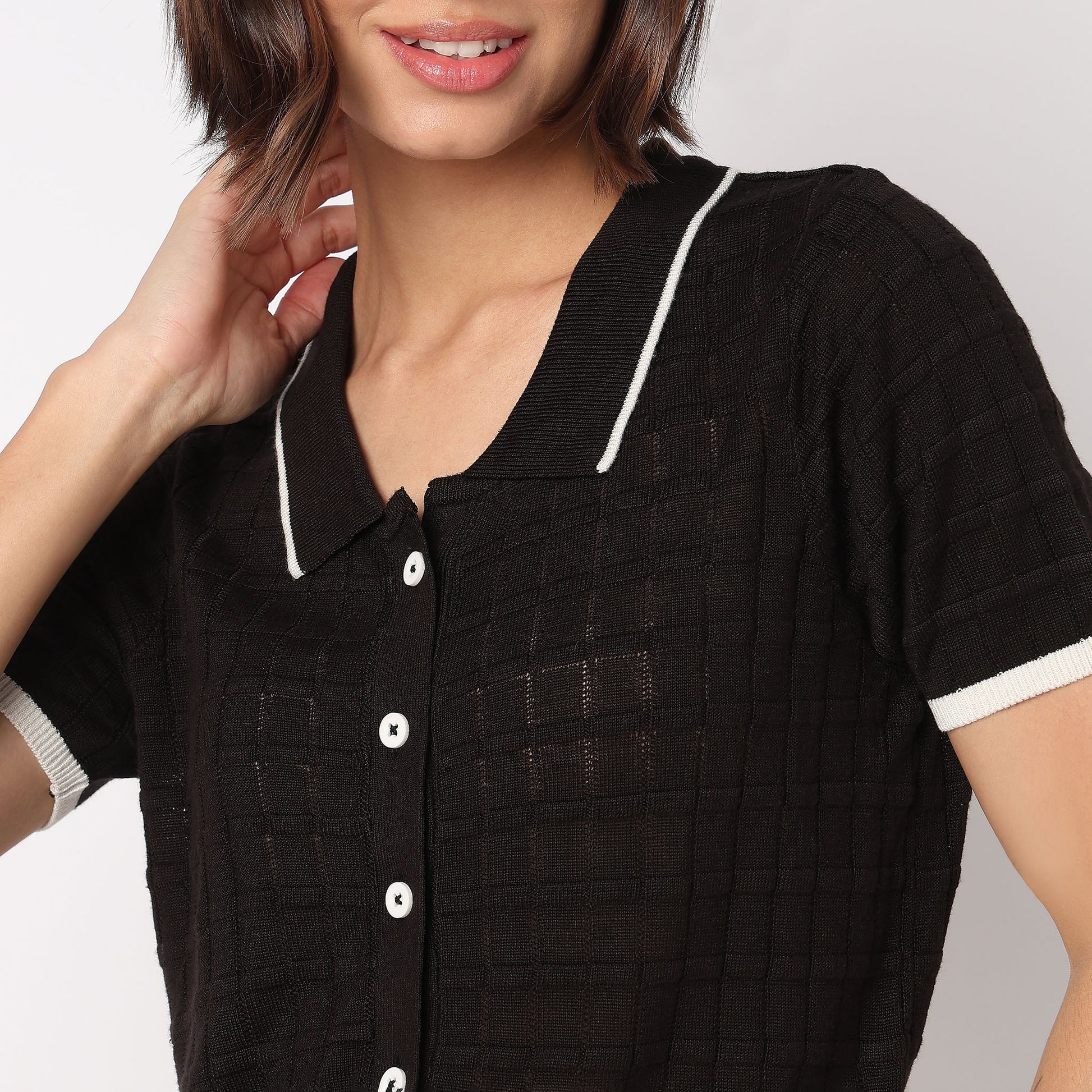 Polo Neck Fashion Tee With Front Opening