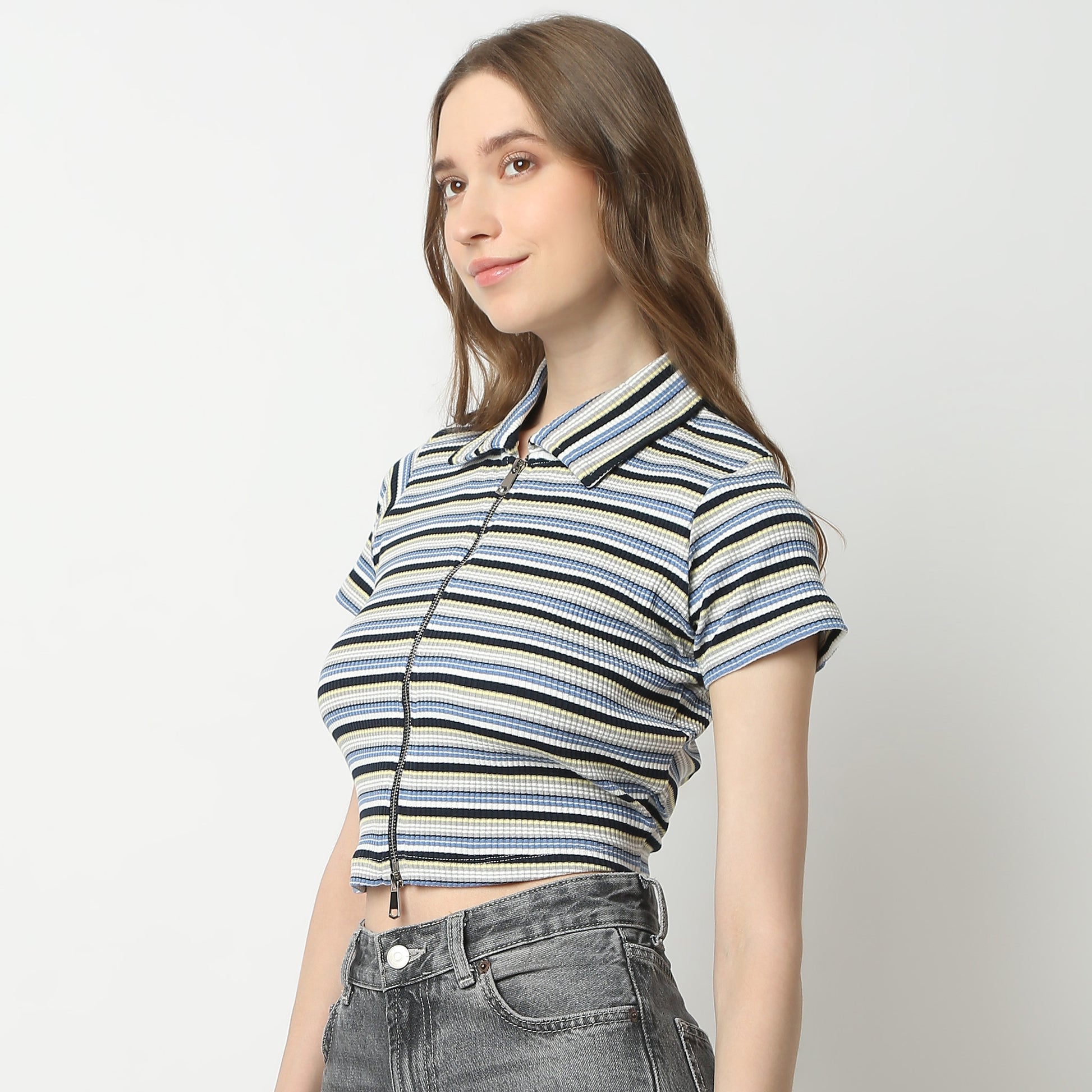 Slim Fit Striped Polo Neck T-Shirt