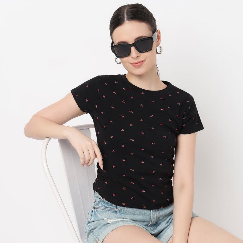 Side Ruching All Over Print Cherry Print Tee