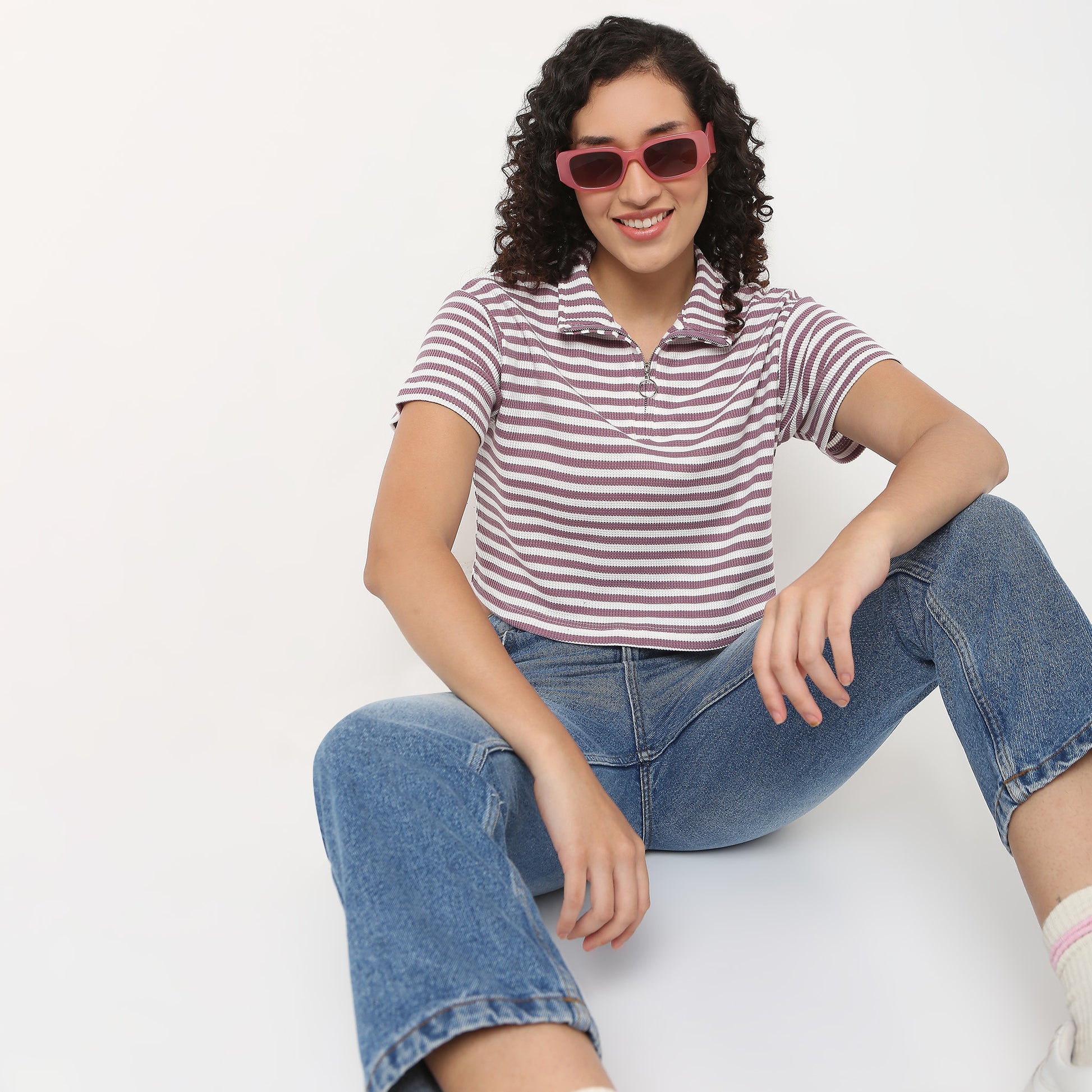 Striped Boxy Fit T-Shirt With Zipper
