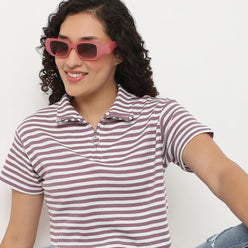 Striped Boxy Fit T-Shirt With Zipper
