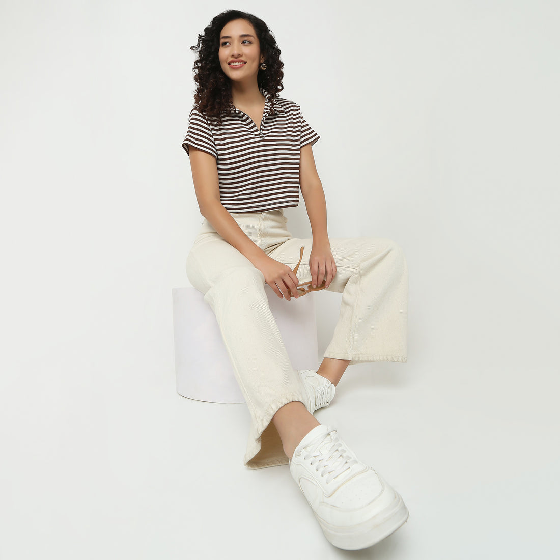 Striped Boxy Fit T-Shirt With Zipper