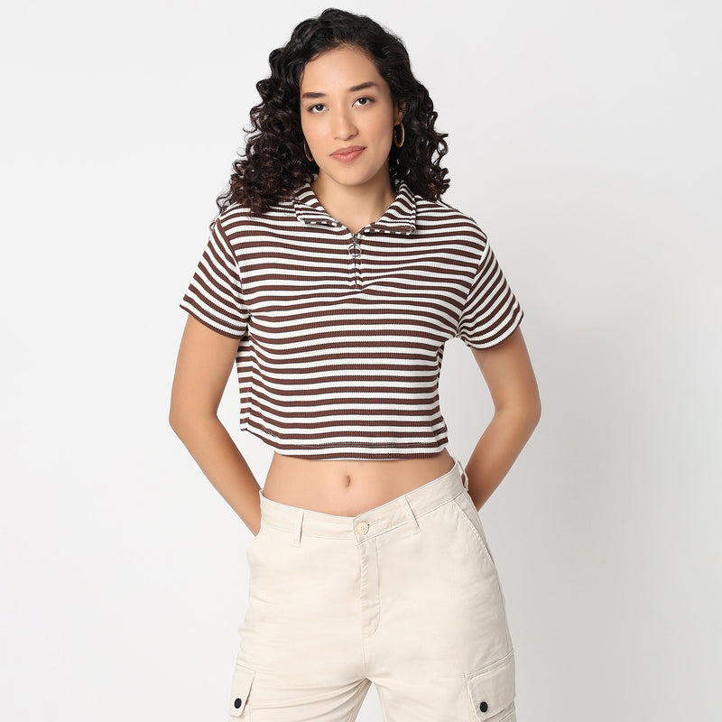 Striped Boxy Fit T-Shirt With Zipper