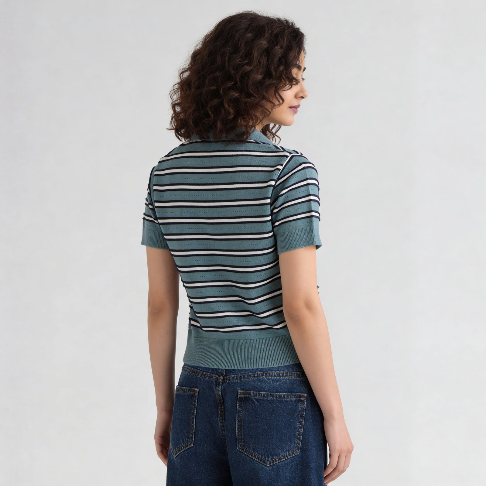 Cotton Striped Crop Polo Neck T-Shirt