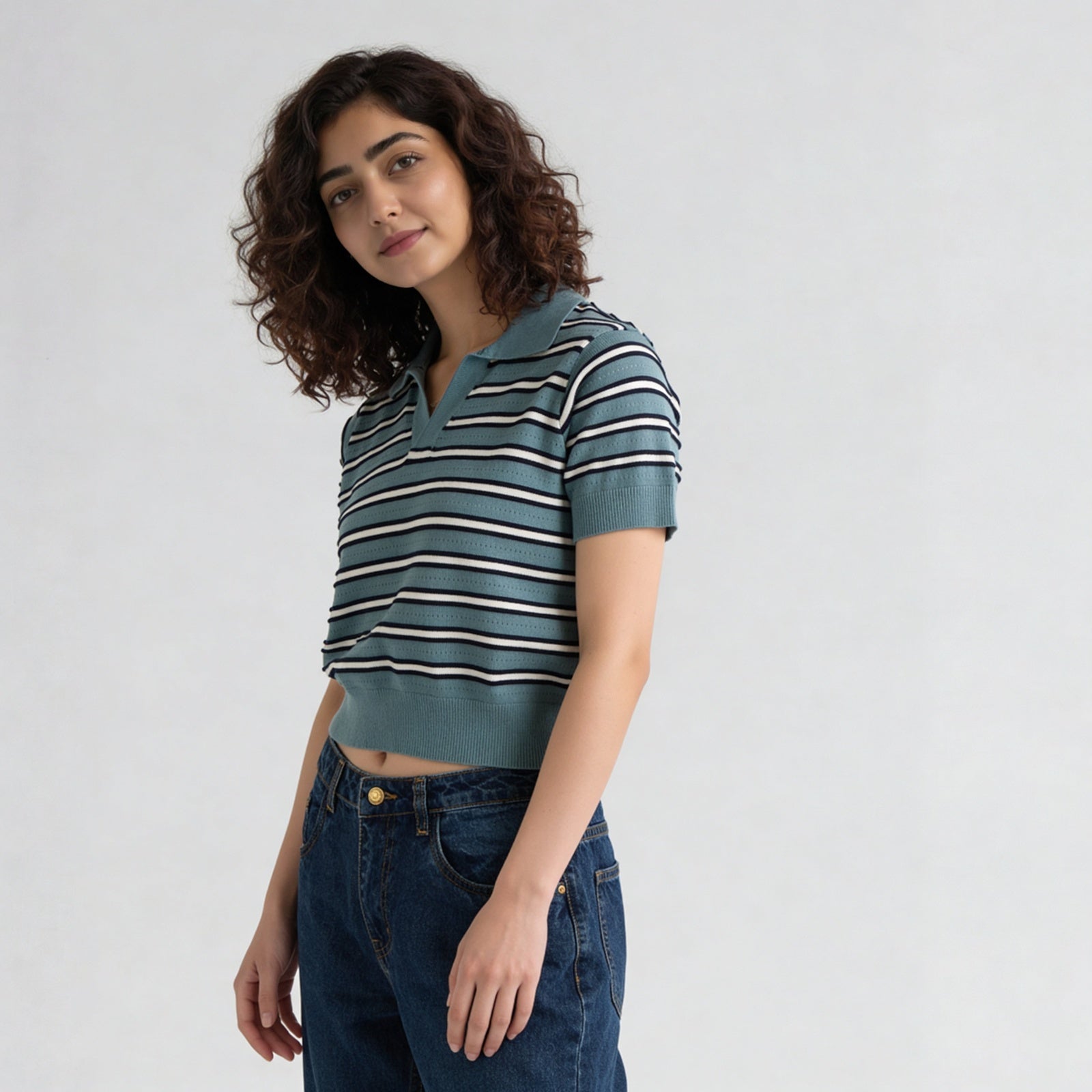 Cotton Striped Crop Polo Neck T-Shirt