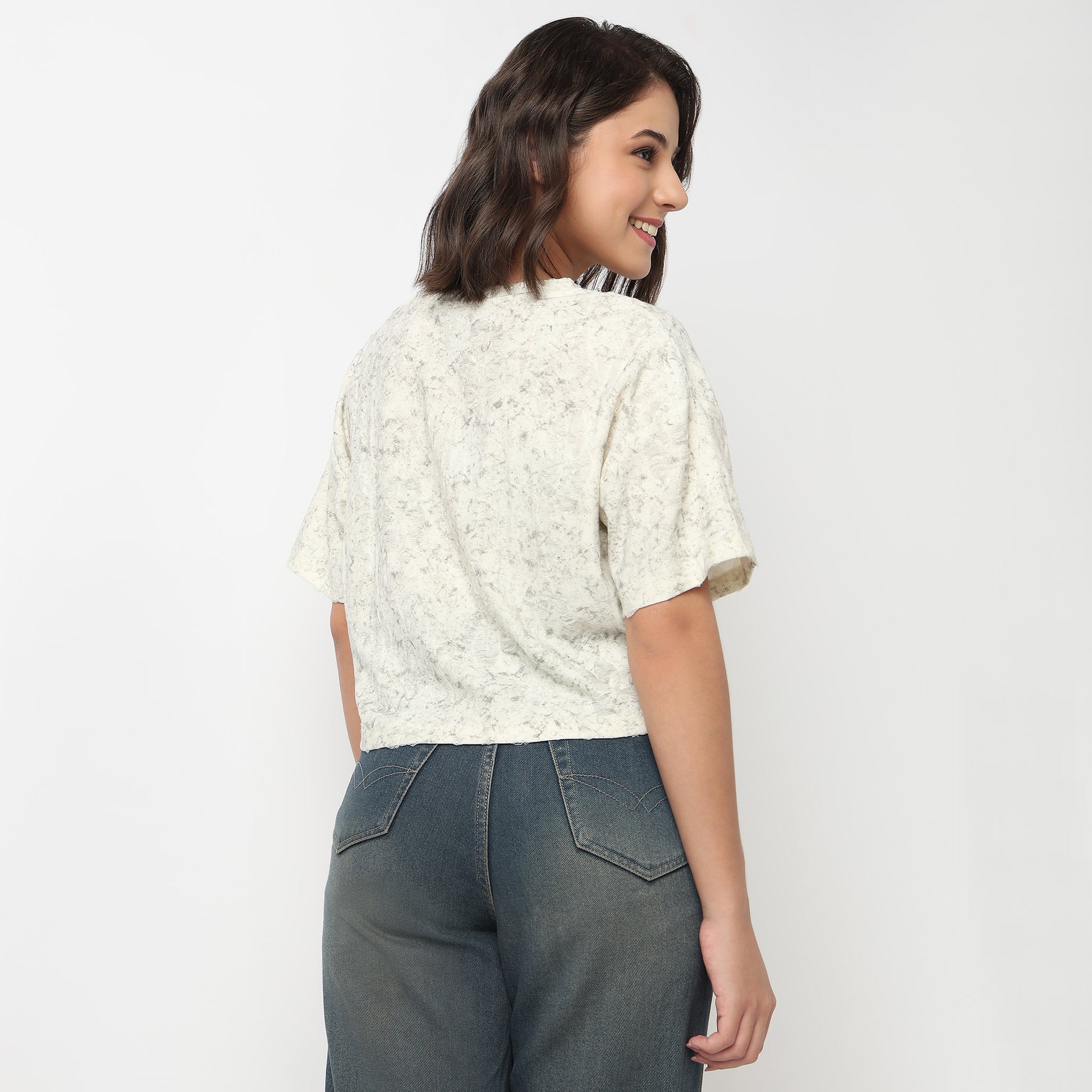 Buy Women Regular Fit Textured Short Sleeve T-Shirt  - Style Union