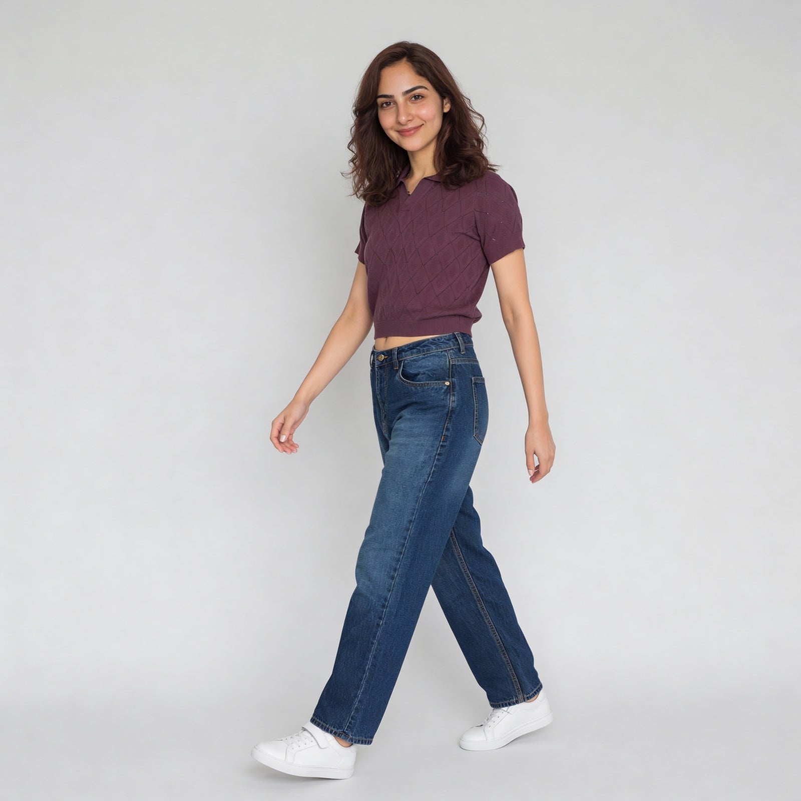 Cotton Knitted Crop Polo Neck T-Shirt