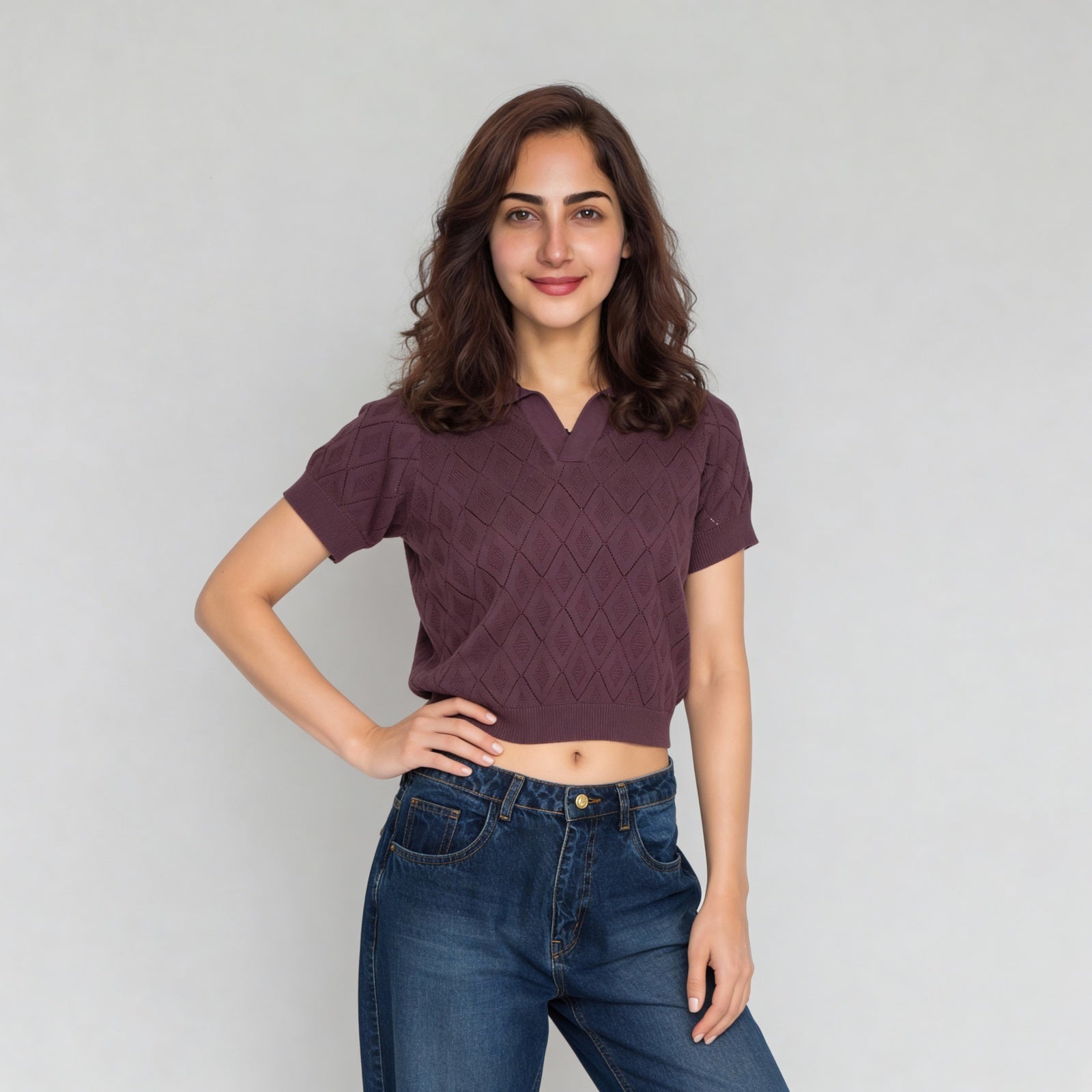 Cotton Knitted Crop Polo Neck T-Shirt