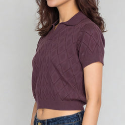 Cotton Knitted Crop Polo Neck T-Shirt