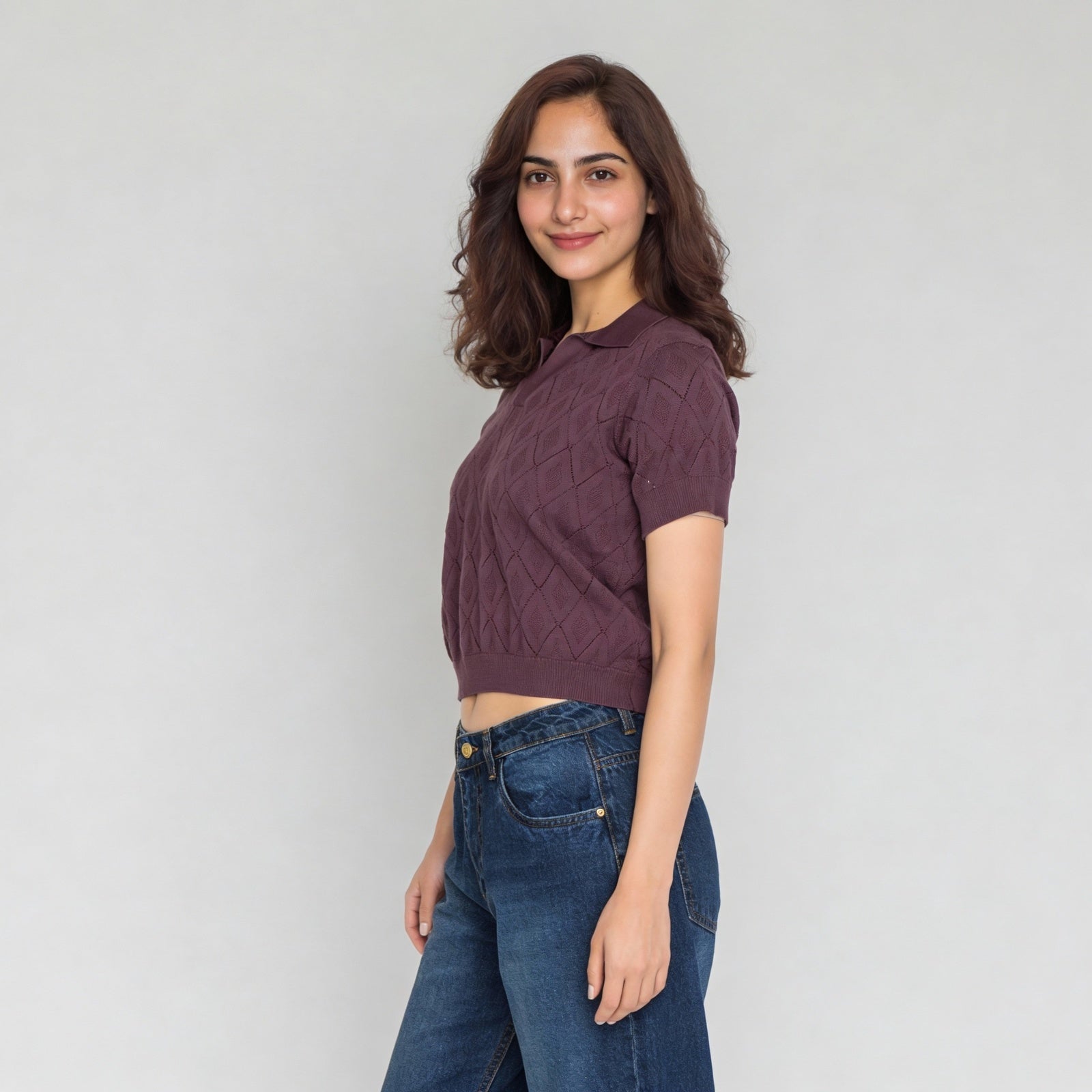 Cotton Knitted Crop Polo Neck T-Shirt