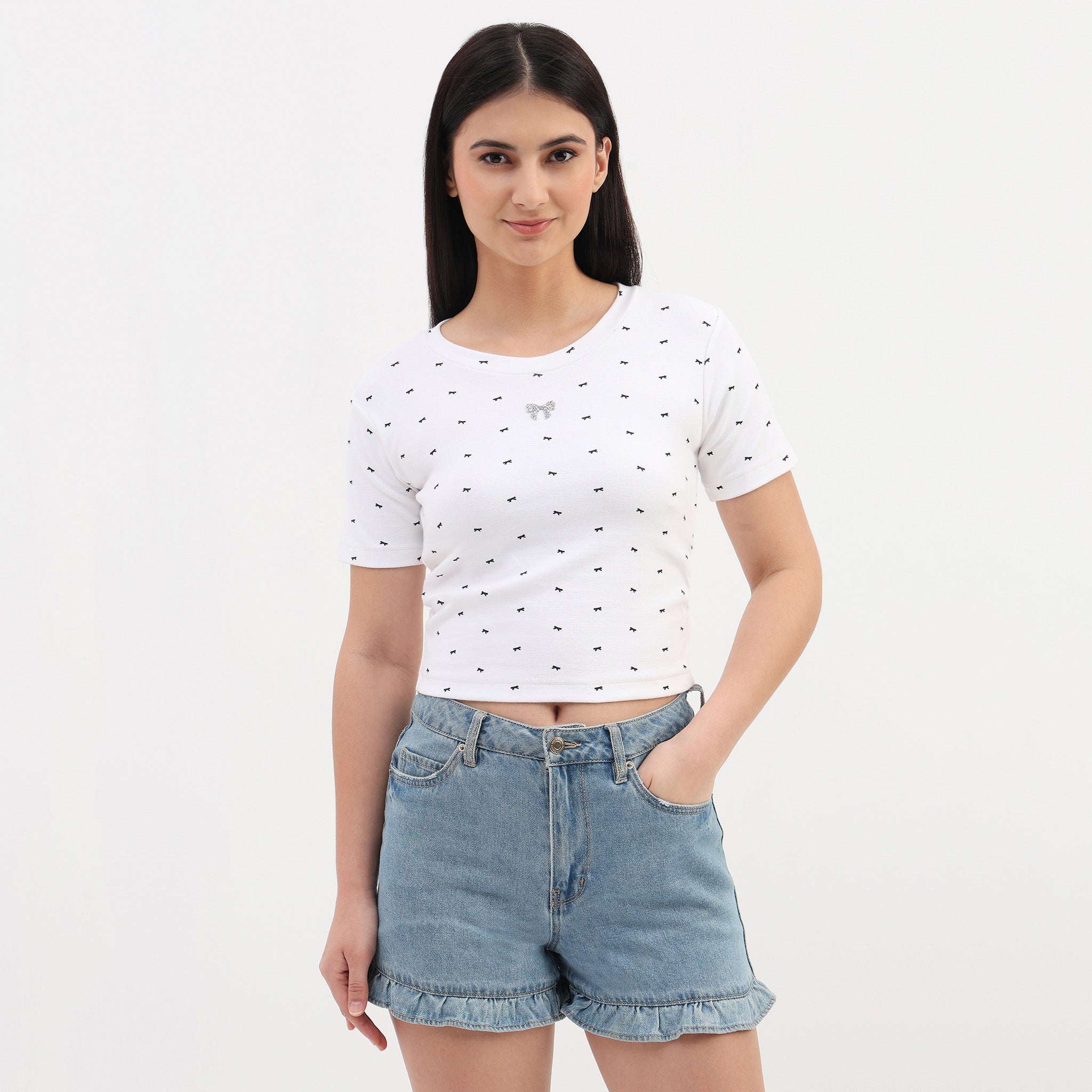 Knitted Bow Print Slim Fit T-Shirt