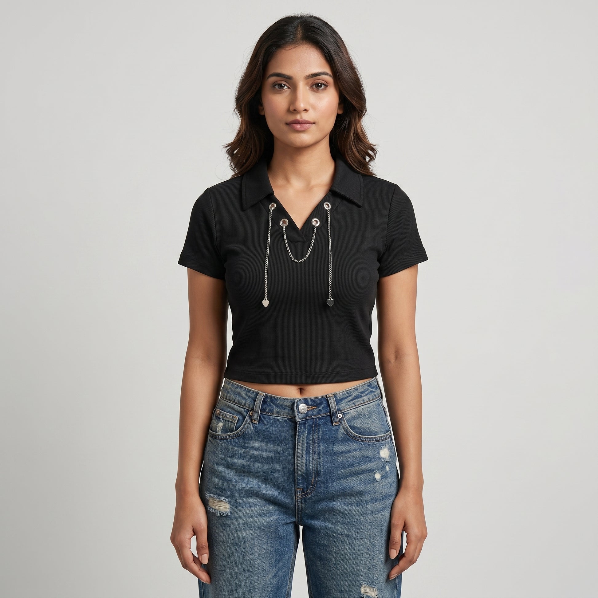 Knitted Solid Crop Polo T-Shirt