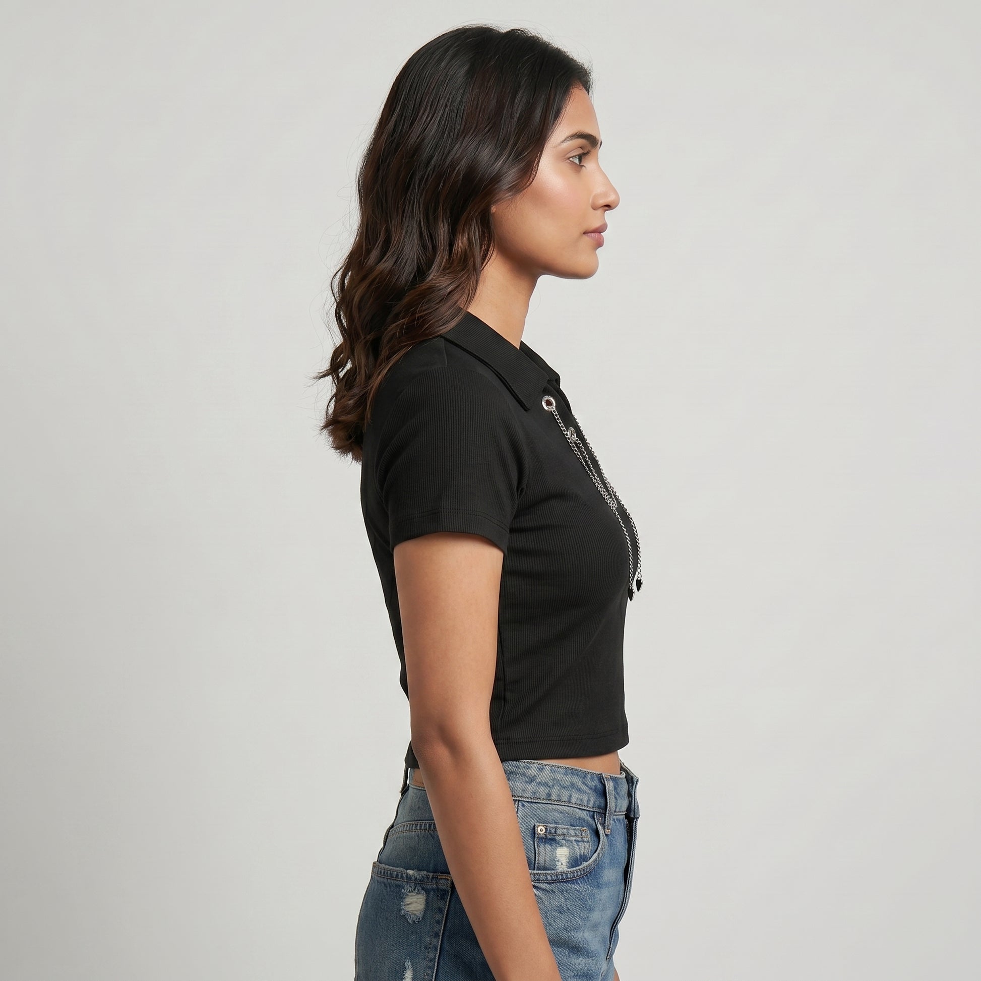 Knitted Solid Crop Polo T-Shirt