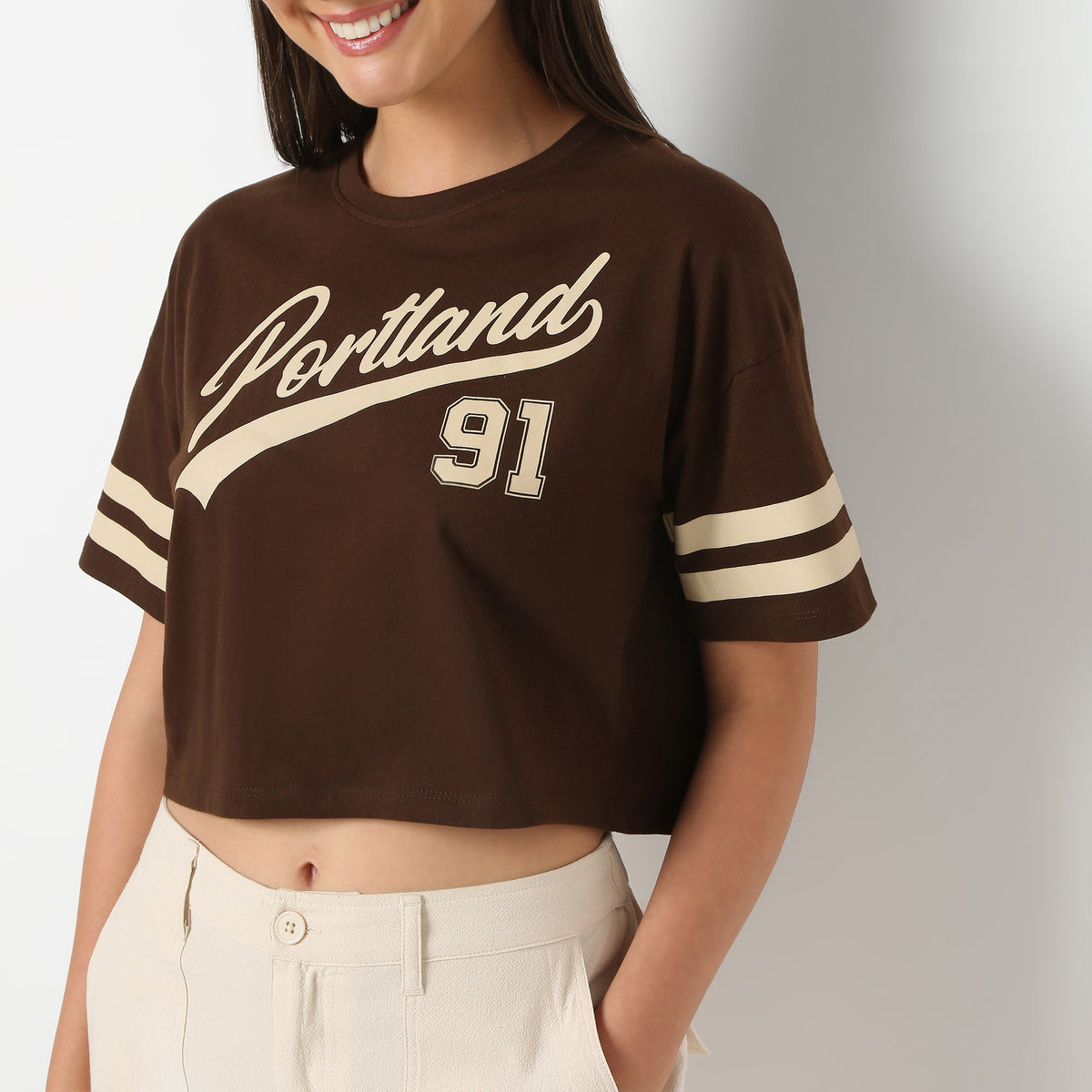 Women Graphic Round Neck Cropped Boxy Fit Young T-Shirt