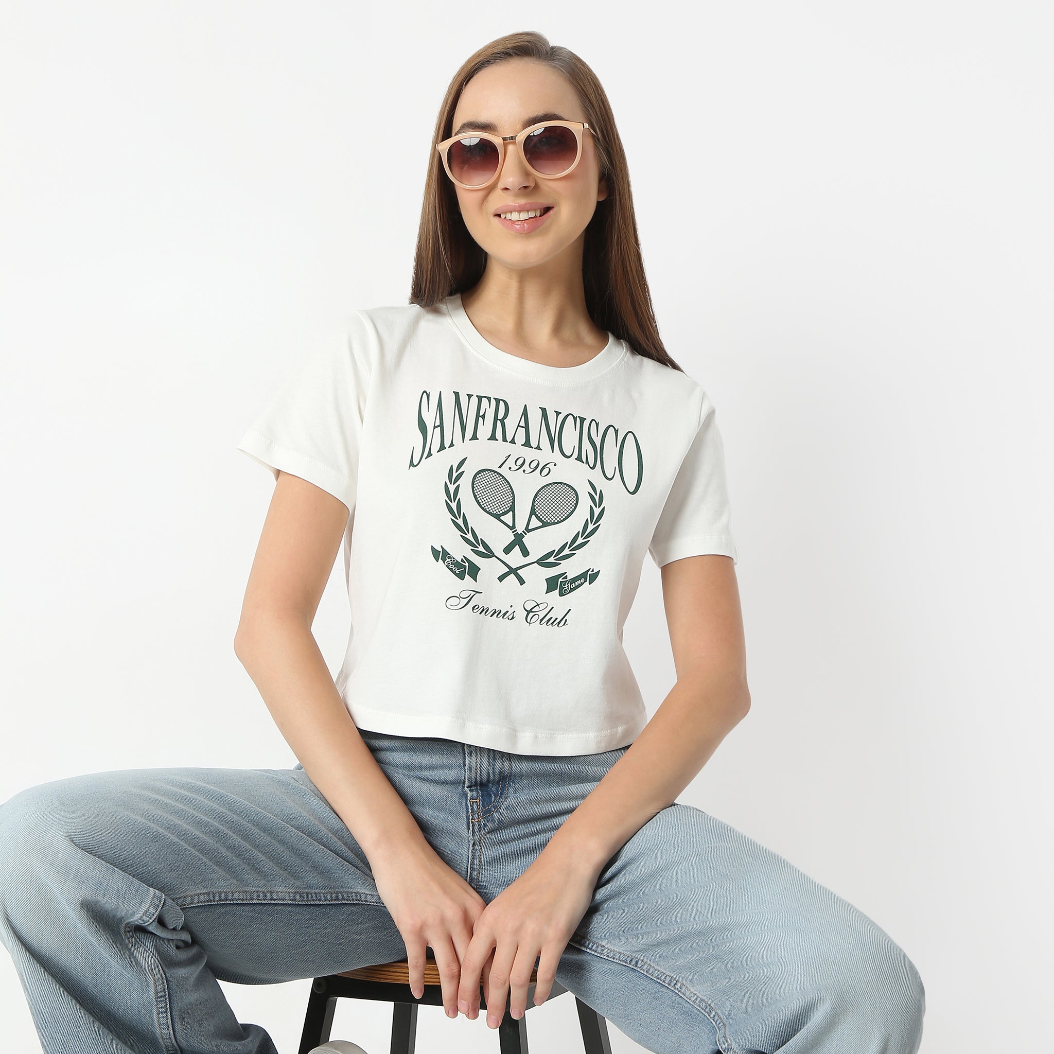 Slim Fit Graphic Round Neck Short Length T-Shirt