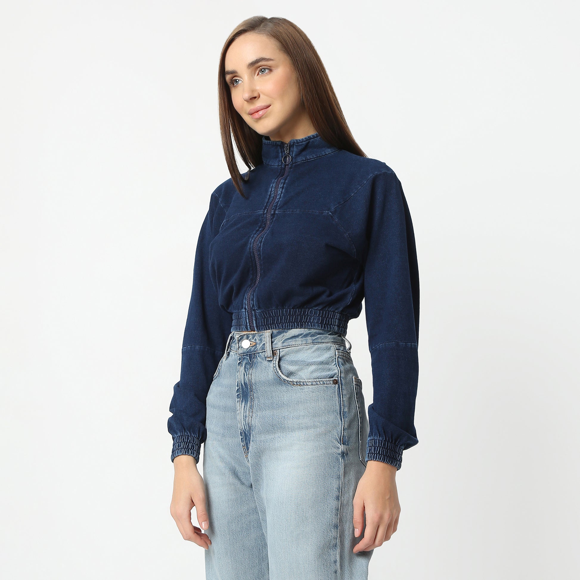 Regular Fit Solid High Neck Short Length Jacket