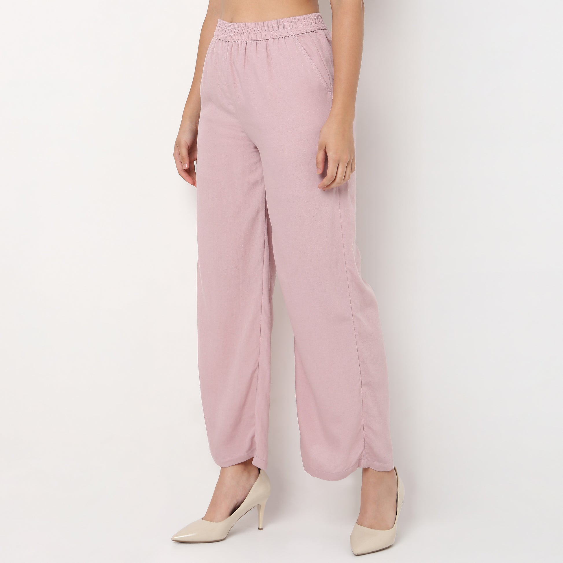 Relaxed Fit High Rise Palazzo With Scallop Hem