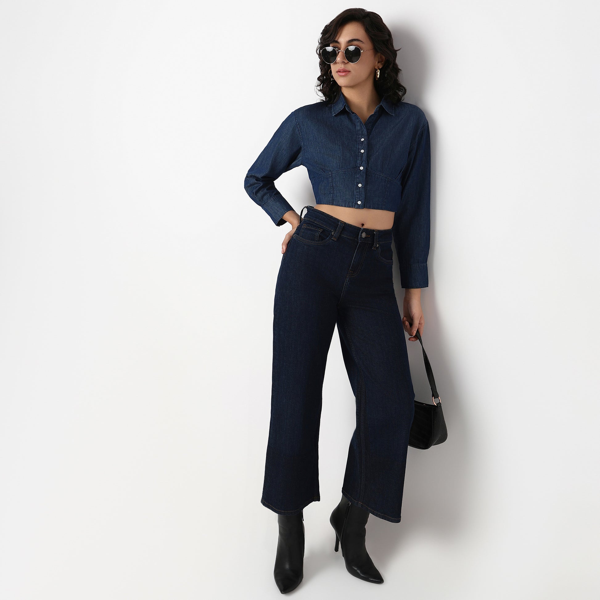 Woven Solid Crop Denim Shirt