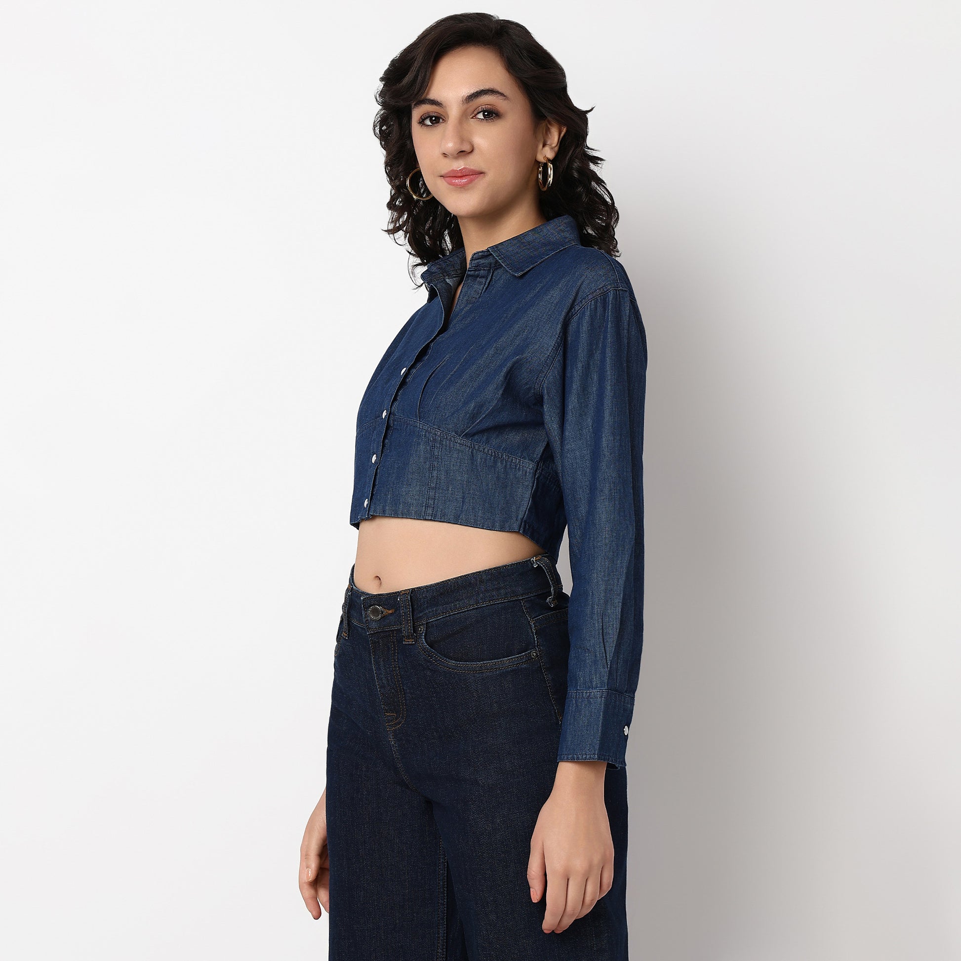 Woven Solid Crop Denim Shirt