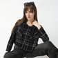 Oversize Checkered Short Length Hoodie Crop Shirt with Front Button Opening