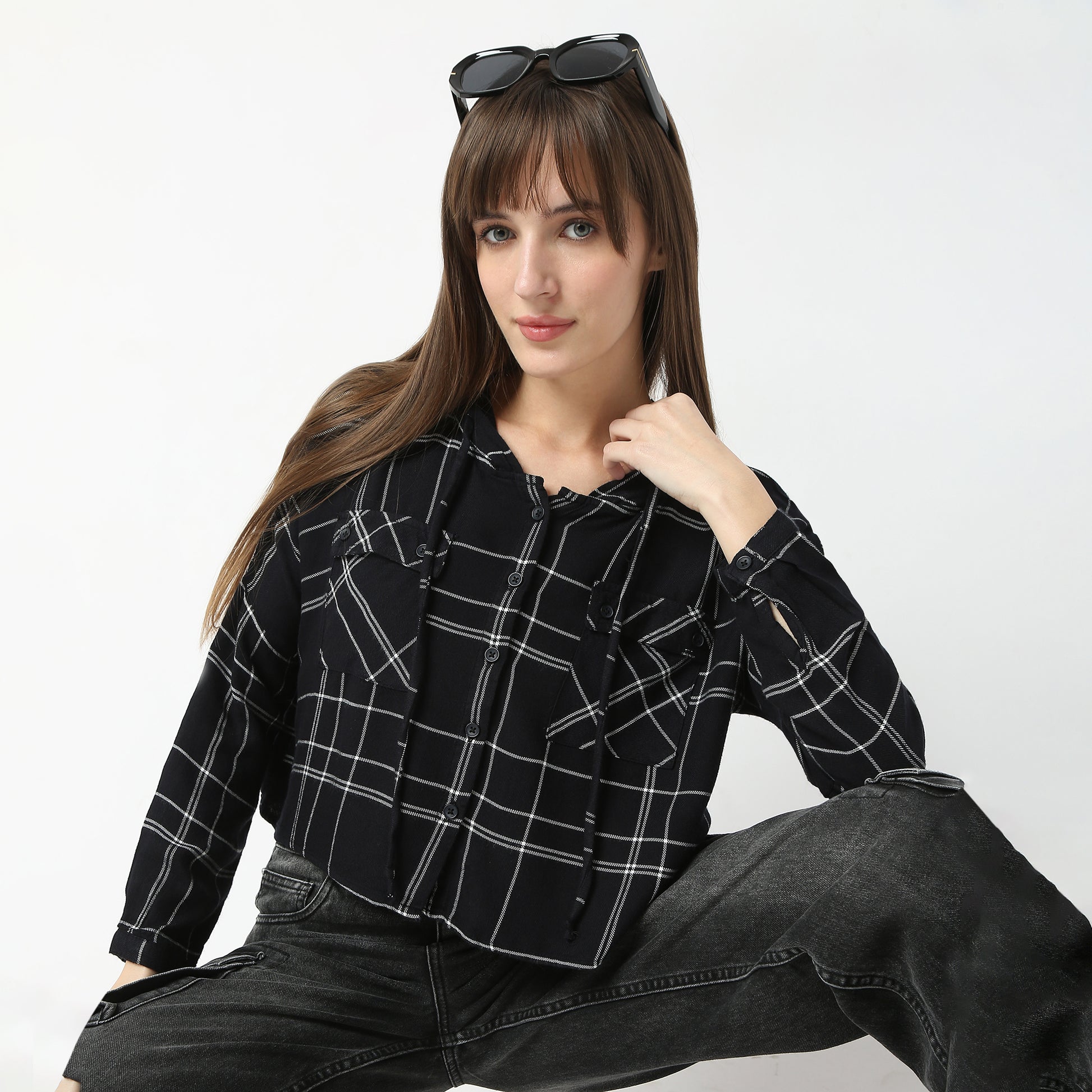 Oversize Checkered Short Length Hoodie Crop Shirt with Front Button Opening