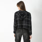 Oversize Checkered Short Length Hoodie Crop Shirt with Front Button Opening