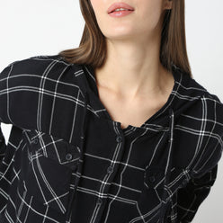 Oversize Checkered Short Length Hoodie Crop Shirt with Front Button Opening