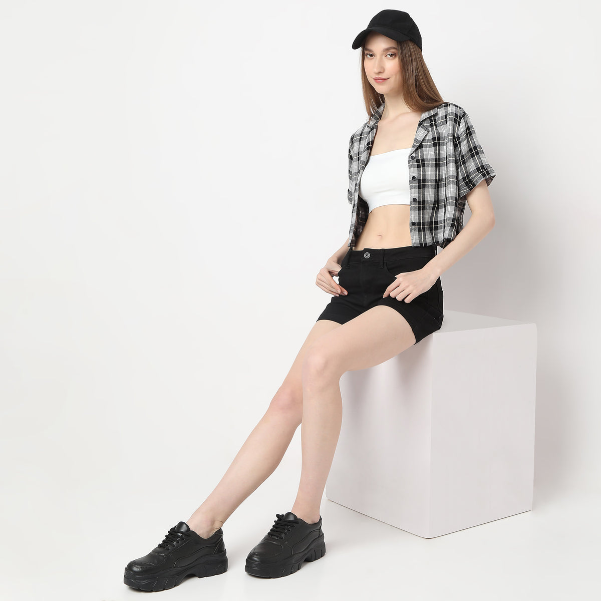 Comfort Fit Checkered Lapel Collar with Front Button Opening Short Sleeve Crop Shirt