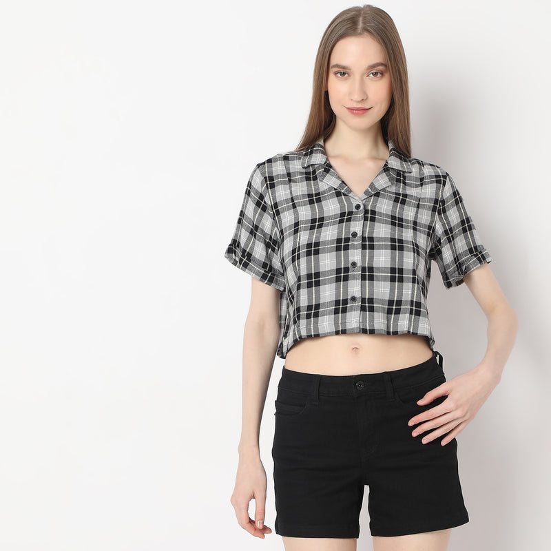 Comfort Fit Checkered Lapel Collar with Front Button Opening Short Sleeve Crop Shirt