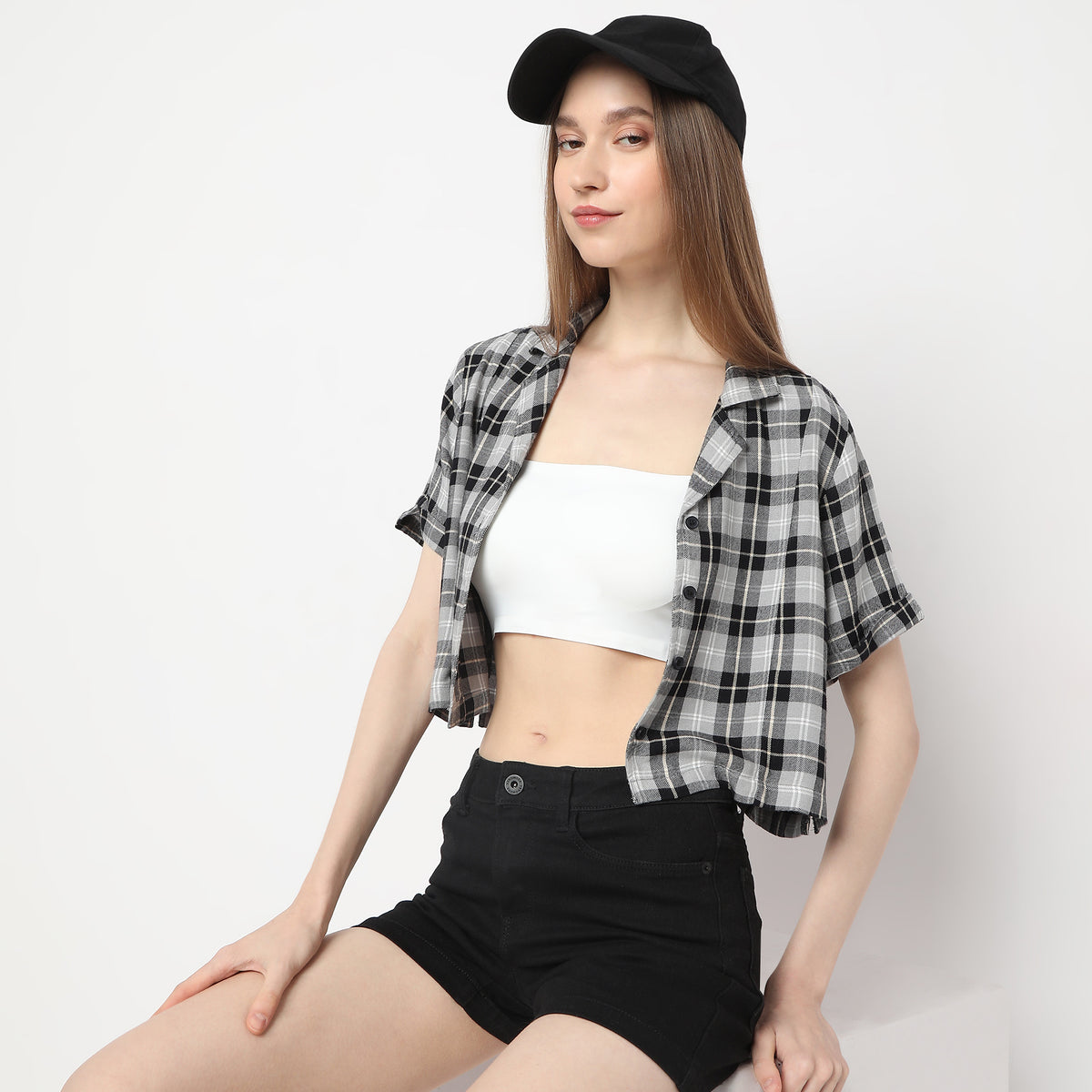 Comfort Fit Checkered Lapel Collar with Front Button Opening Short Sleeve Crop Shirt