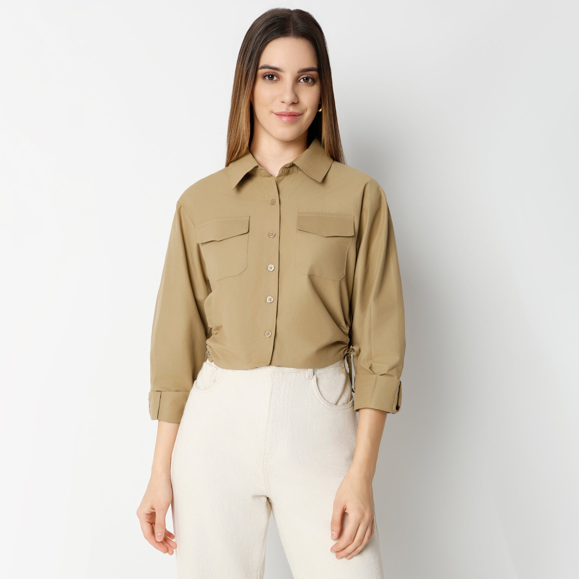 Regular Fit Solid Cropped Shirt