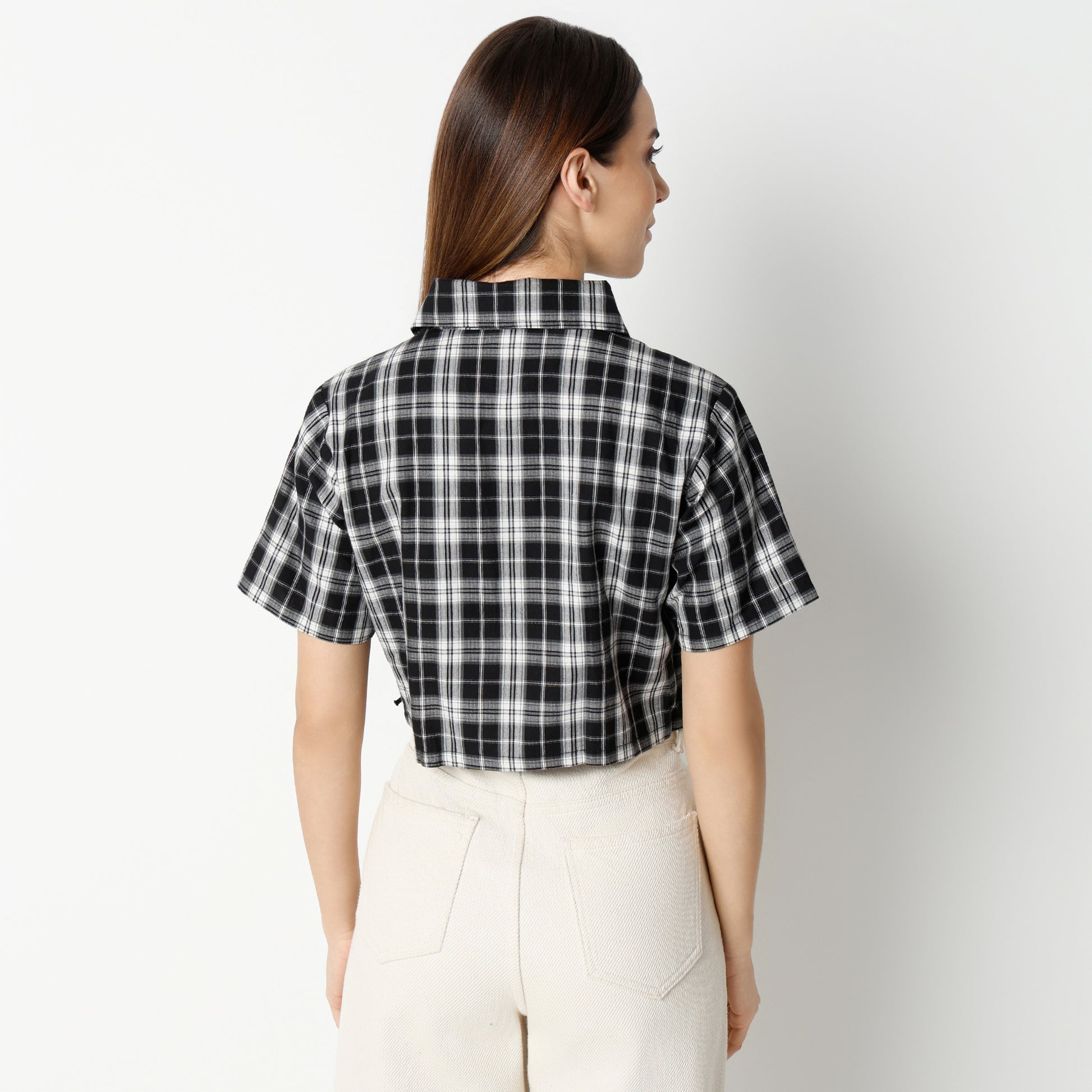 Boxy Fit Checkered Cropped Shirt
